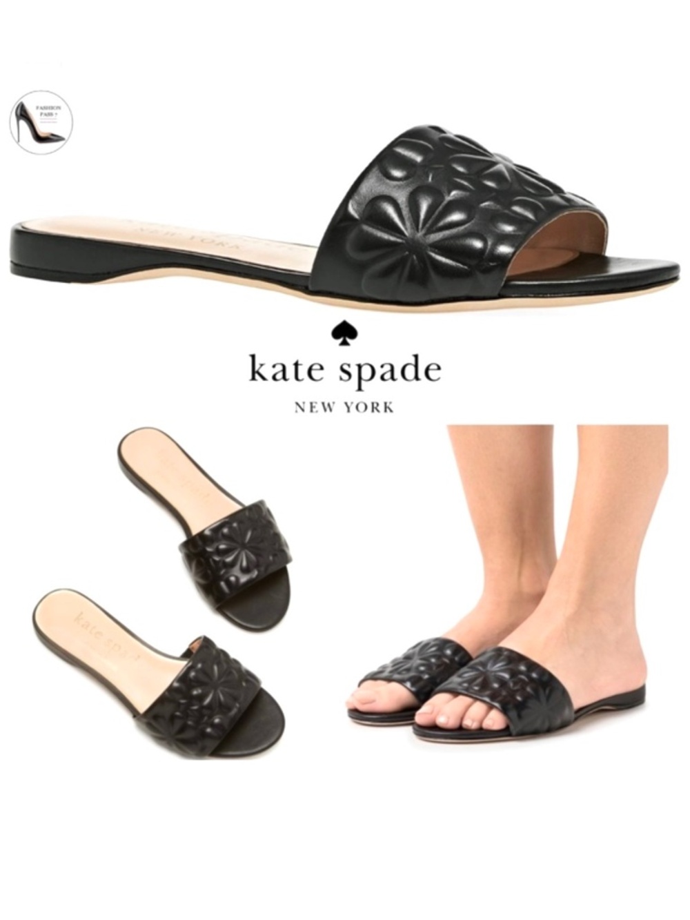 Kate Spade Emmie Floral Embossed Slide Sandals Black Leather Flat Mules 9.5